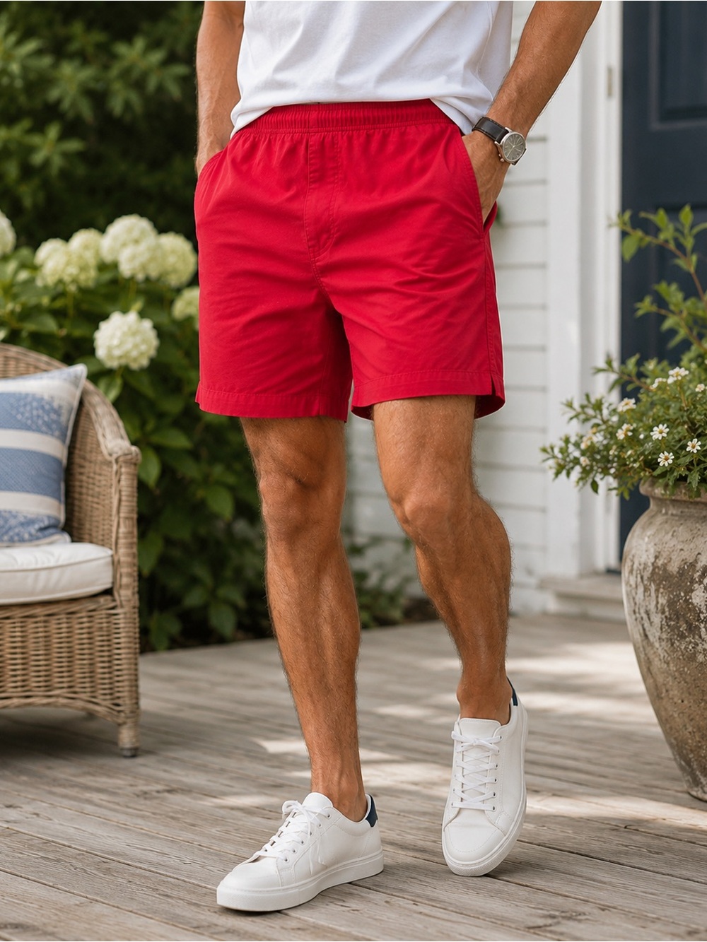 Lands’ End Men’s Red Pull-On Shorts Large 36-38 Cotton Drawstring Elastic Waist